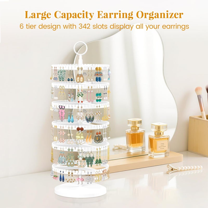 EsLuker.ly Earring Holder Organizer Rotating Stud Display Tree Rack with 342 U-Slots for Women Girls, Large Adjustable 6 Tier Plastic Storage Stand with Metal Tray for Pierced Hoop Post Earring, White - Image 2