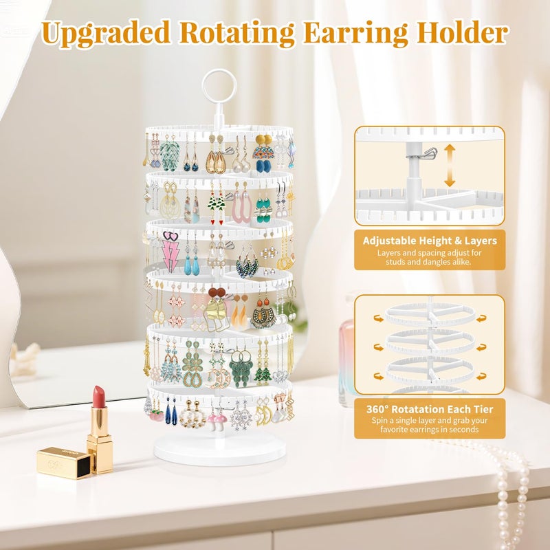 EsLuker.ly Earring Holder Organizer Rotating Stud Display Tree Rack with 342 U-Slots for Women Girls, Large Adjustable 6 Tier Plastic Storage Stand with Metal Tray for Pierced Hoop Post Earring, White - Image 3