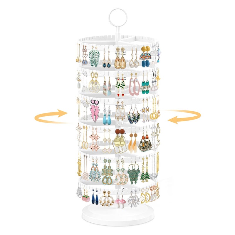 EsLuker.ly Earring Holder Organizer Rotating Stud Display Tree Rack with 342 U-Slots for Women Girls, Large Adjustable 6 Tier Plastic Storage Stand with Metal Tray for Pierced Hoop Post Earring, White - Image 1