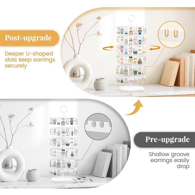 EsLuker.ly Earring Holder Organizer Rotating Stud Display Tree Rack with 342 U-Slots for Women Girls, Large Adjustable 6 Tier Plastic Storage Stand with Metal Tray for Pierced Hoop Post Earring, White - Image 4