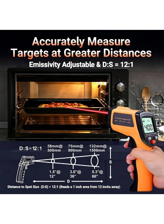 بازار مسدس ترمومتر ليزر الأشعة تحت الحمراء - مسدس درجة حرارة رقمي بدون تلامس (من -50 درجة مئوية إلى 400 درجة مئوية / من -58 درجة فهرنهايت إلى 752 درجة فهرنهايت)، استهداف ليزر 12:1 مع إضاءة خلفية للطهي والشواء وفرن البيتزا وأنظمة التدفئة والتهوية وتكييف الهواء والاستخدام في السيارات - Image 3