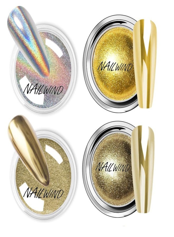 NAILWIND Chrome Nail Powder | Mirror Effect Chrome Powder for Nails Glitter Long Lasting | Pearl Aurora Mermaid Nail Powder | Holo Pigment Nail Art DIY Design Decorattion (Gold, 4 PCS) - Image 1