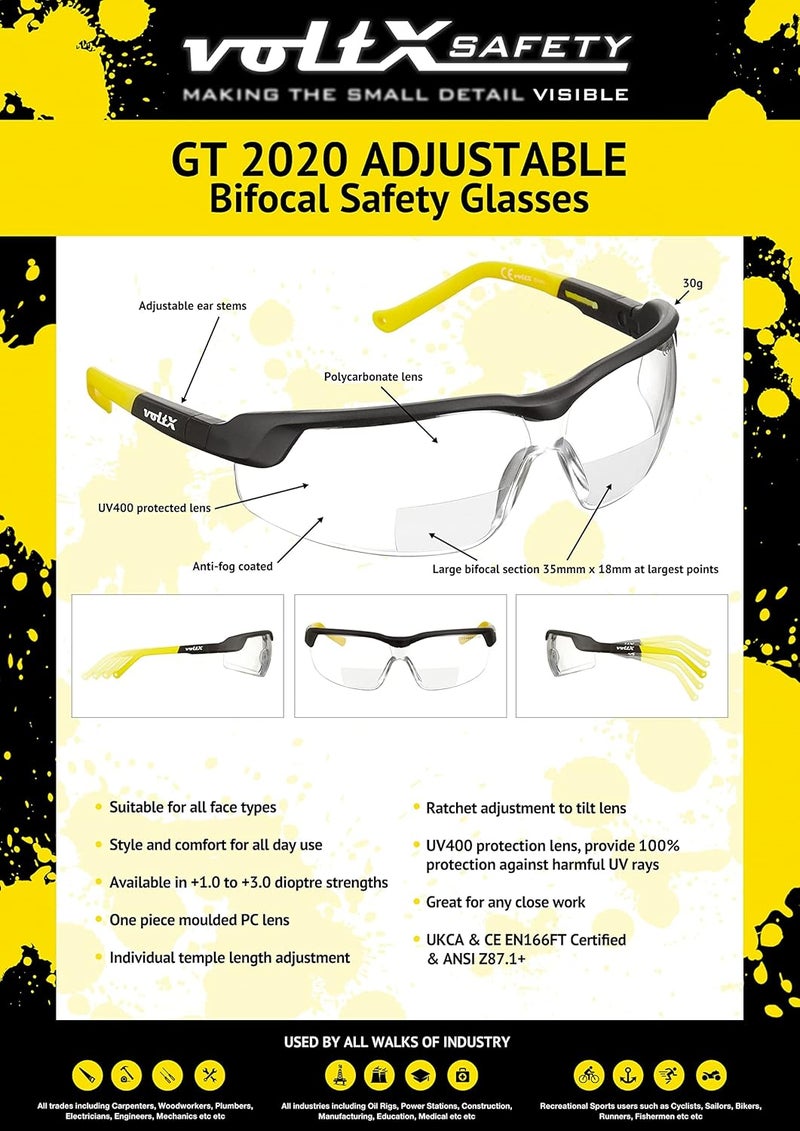 voltX 3 x GT ADJUSTABLE Bifocal Reading Safety Glasses Clear Lens 10 UKCA CE EN166FT Certified Anti fog coated UV400 Lens Scratch resistant Tilt and length adjustable earstems - Image 2