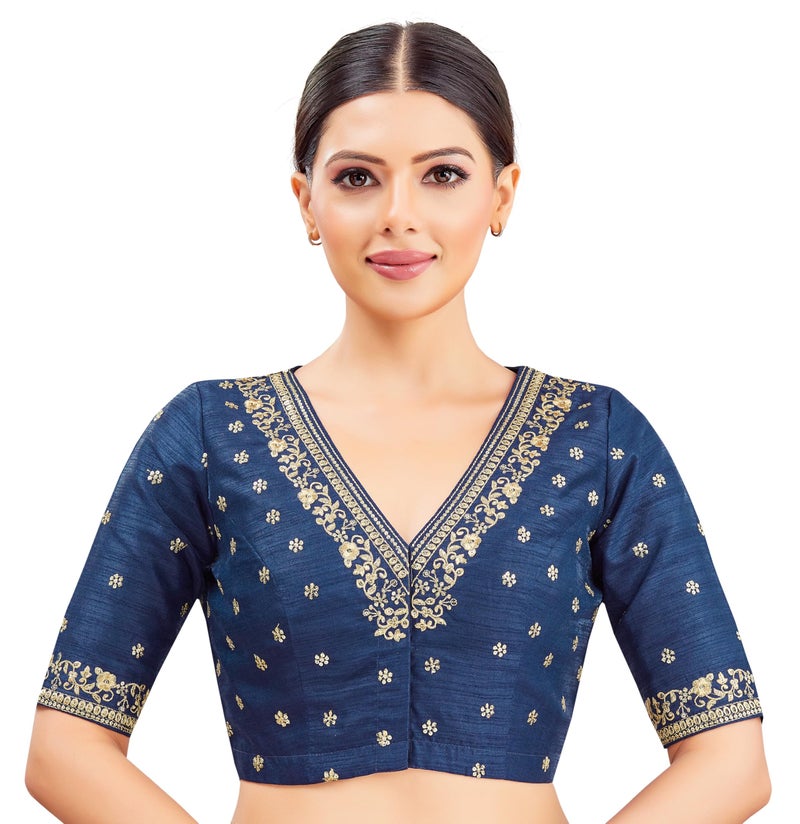 Studio Shringaar Women's Embroidered Wedding Saree Blouse (Navy Blue, 42) - Image 1