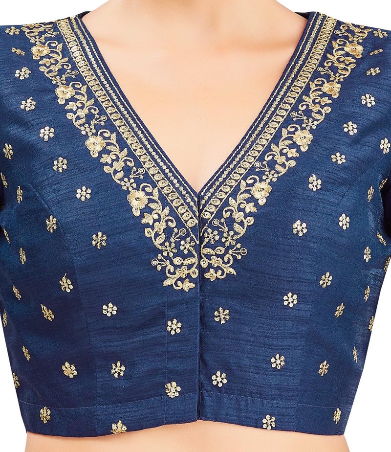 Studio Shringaar Women's Embroidered Wedding Saree Blouse (Navy Blue, 42) - Image 5