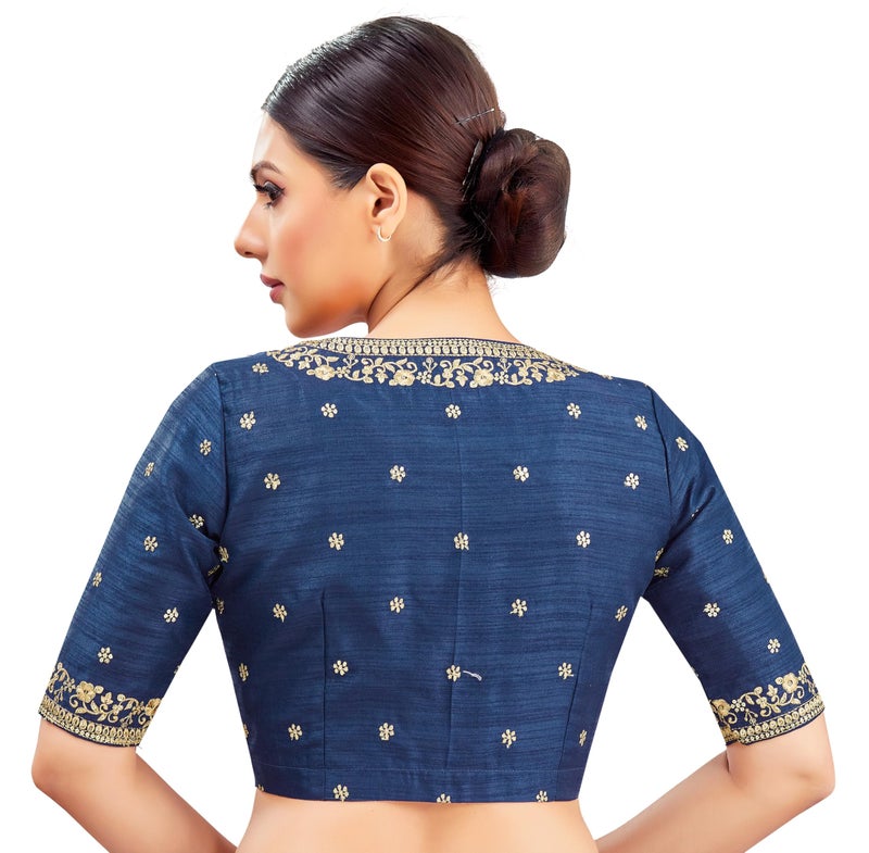 Studio Shringaar Women's Embroidered Wedding Saree Blouse (Navy Blue, 42) - Image 2
