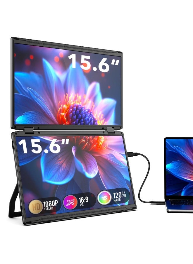 Dual 15.6" Full HD Laptop Screen Extender, 1080P IPS Folding Monitor, 330° Adjustable, Plug & Play, Type-C/Mini HDMI, Compatible with Windows, Mac, Android, PS5, Xbox, and Switch
