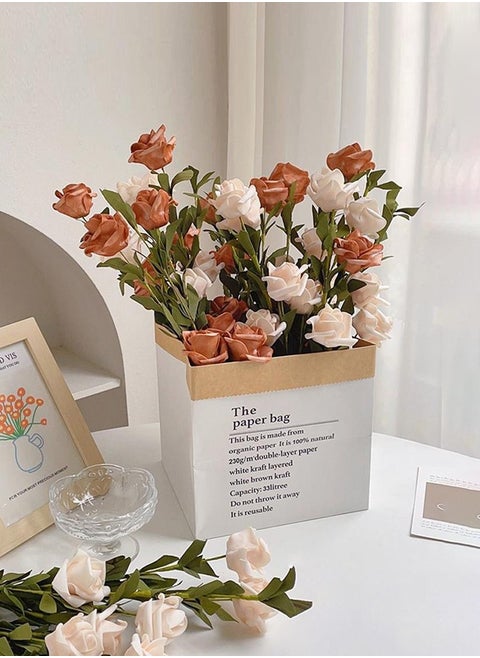 Artificial Flowers, Home Decoration, Contains 10 White Roses, 10 Pink Roses, Green Leaves, Paper Bag, For DIY Wedding Bouquet, Flower Arrangement Party, Table Home Decoration