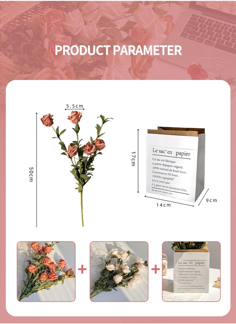 Artificial Flowers, Home Decoration, Contains 10 White Roses, 10 Pink Roses, Green Leaves, Paper Bag, For DIY Wedding Bouquet, Flower Arrangement Party, Table Home Decoration