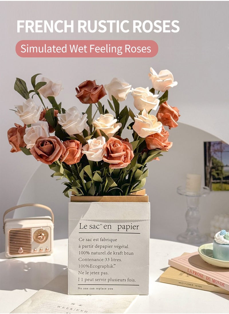 Artificial Flowers, Home Decoration, Contains 10 White Roses, 10 Pink Roses, Green Leaves, Paper Bag, For DIY Wedding Bouquet, Flower Arrangement Party, Table Home Decoration