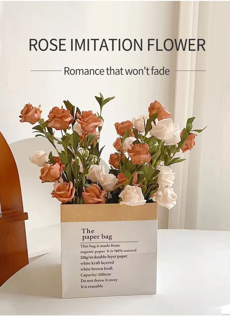 Artificial Flowers, Home Decoration, Contains 10 White Roses, 10 Pink Roses, Green Leaves, Paper Bag, For DIY Wedding Bouquet, Flower Arrangement Party, Table Home Decoration
