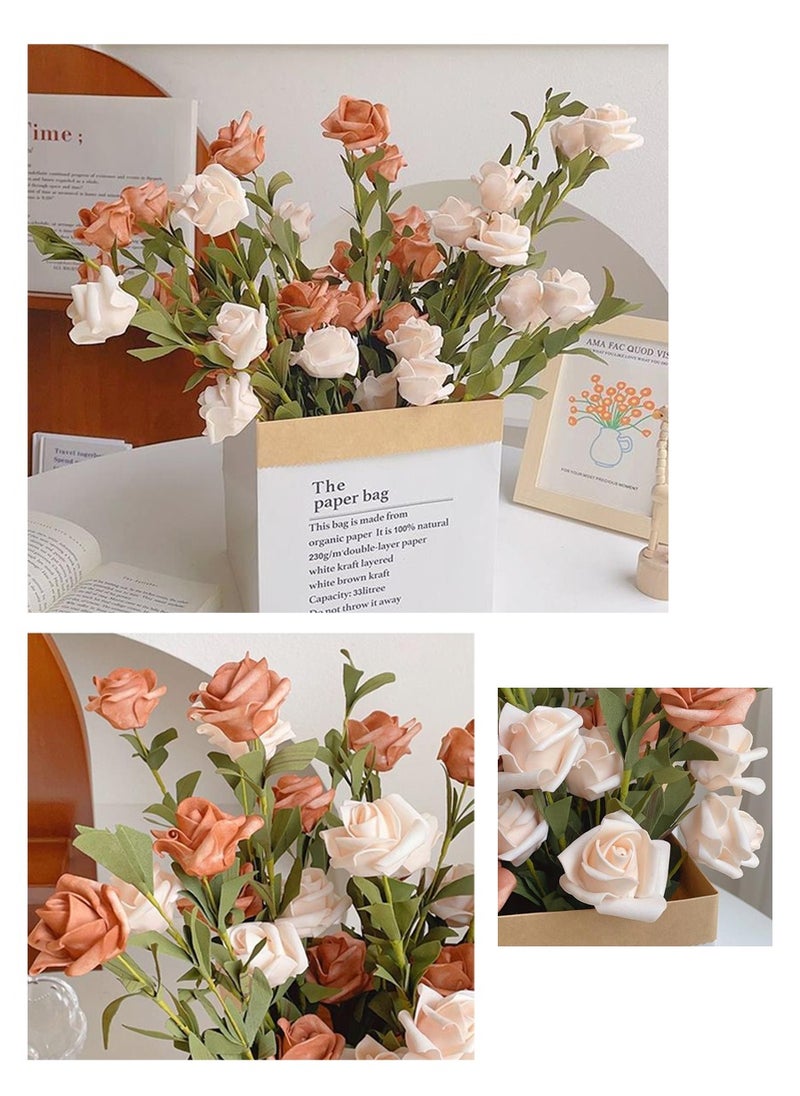 Artificial Flowers, Home Decoration, Contains 10 White Roses, 10 Pink Roses, Green Leaves, Paper Bag, For DIY Wedding Bouquet, Flower Arrangement Party, Table Home Decoration