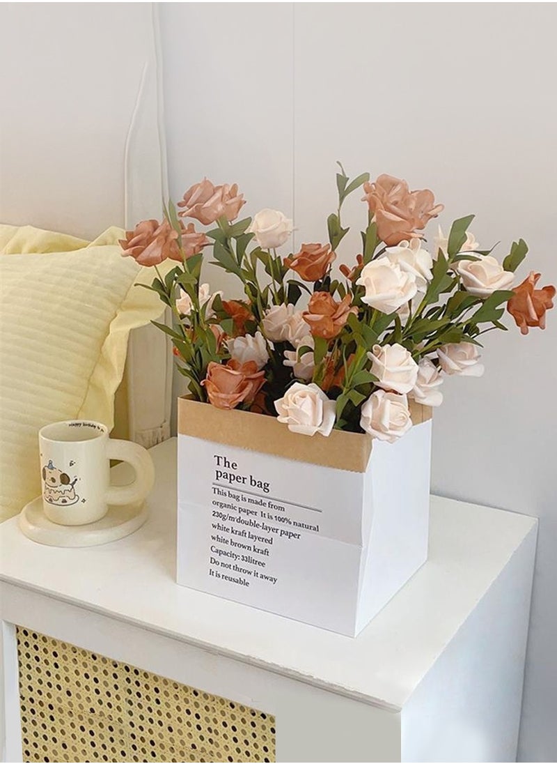 Artificial Flowers, Home Decoration, Contains 10 White Roses, 10 Pink Roses, Green Leaves, Paper Bag, For DIY Wedding Bouquet, Flower Arrangement Party, Table Home Decoration