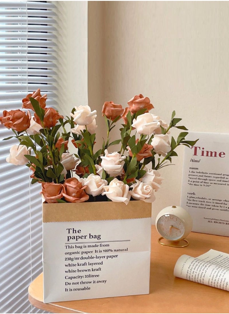 Artificial Flowers, Home Decoration, Contains 10 White Roses, 10 Pink Roses, Green Leaves, Paper Bag, For DIY Wedding Bouquet, Flower Arrangement Party, Table Home Decoration
