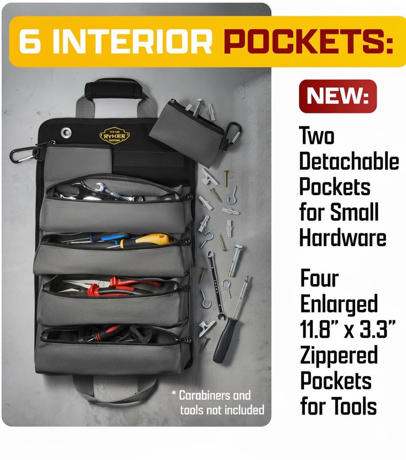 The Ryker Bag The Ryker Roll Up Tool Bag Organizer Gifts for Dad. Heavy Duty Motorcycle Tool Roll Bag Organizer. Portable Rollup Toolbag w/Detachable Pouches - Tools Bags Mens gifts for him/Mechanic (Black) - Image 3