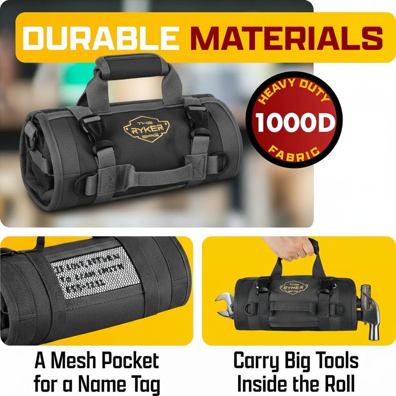 The Ryker Bag The Ryker Roll Up Tool Bag Organizer Gifts for Dad. Heavy Duty Motorcycle Tool Roll Bag Organizer. Portable Rollup Toolbag w/Detachable Pouches - Tools Bags Mens gifts for him/Mechanic (Black) - Image 4
