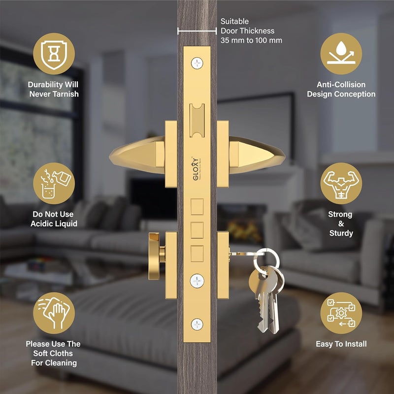 GLOXY Brass Door Locks for Main Door Mortise Door Lock Door Lock Set with 3 Brass Keys Bedroom Door Lock for HomeOfficeHotel Gold Finish 2 Years Warranty Pack of 1 - Image 2