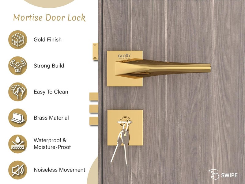 GLOXY Brass Door Locks for Main Door Mortise Door Lock Door Lock Set with 3 Brass Keys Bedroom Door Lock for HomeOfficeHotel Gold Finish 2 Years Warranty Pack of 1 - Image 3
