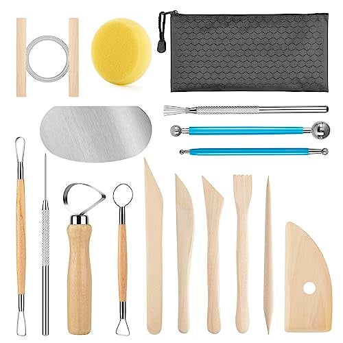 KACOLA Pottery Tool Kit, 17pcs Polymer Clay Tools, Modeling Clay Sculpting Tools Kit, Ceramics Tools, Trimming, Embossing Pattern, Smooth Wooden Handles - Image 1