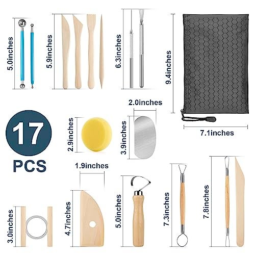 KACOLA Pottery Tool Kit, 17pcs Polymer Clay Tools, Modeling Clay Sculpting Tools Kit, Ceramics Tools, Trimming, Embossing Pattern, Smooth Wooden Handles - Image 2