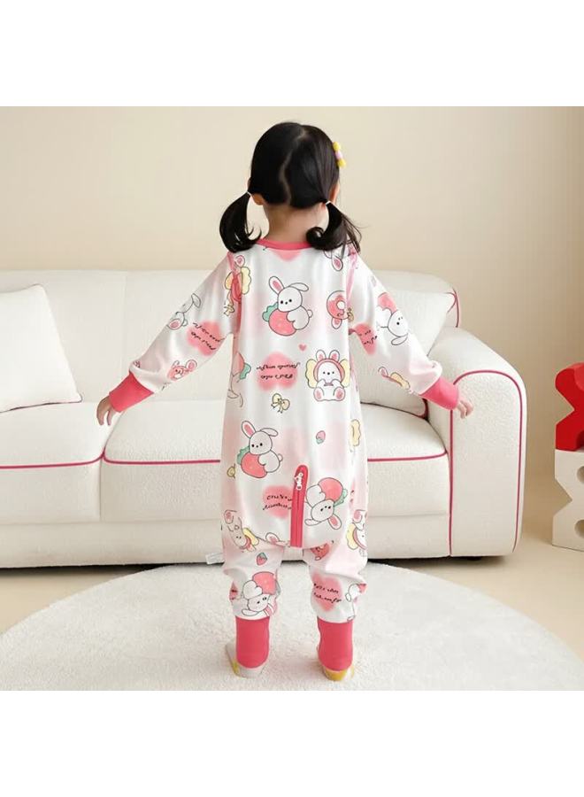 Zisehy Purple Floral Language 100% Cotton Children's One-piece Split-leg Sleeping Bag Autumn Winter Girls Pink Anti-kick Pajamas Size 100 - Image 4