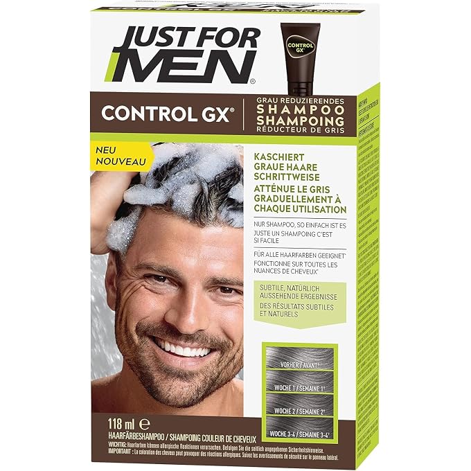 Just For Men Control GX Shampoo to Reduce Grey Hair, Hair Dye, Hair Colour, Men, with Coconut Oil and Aloe Vera All Hair Colours, 118 ml - Image 1