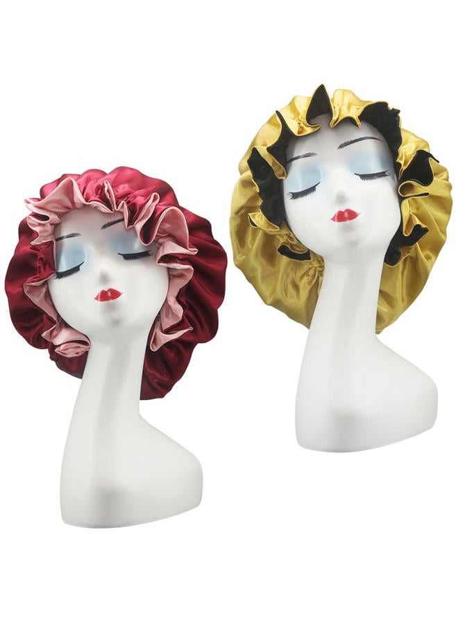 Hanbertti 2pcs of Satin Sleep Bonnet with Adjustable Buckle,Smooth Satin Sleep Cap,Silk Bonnet, Reusable Bath Hair Cap When Make up and Do Housework (Golden Black+ Burgundy peach) - Image 1