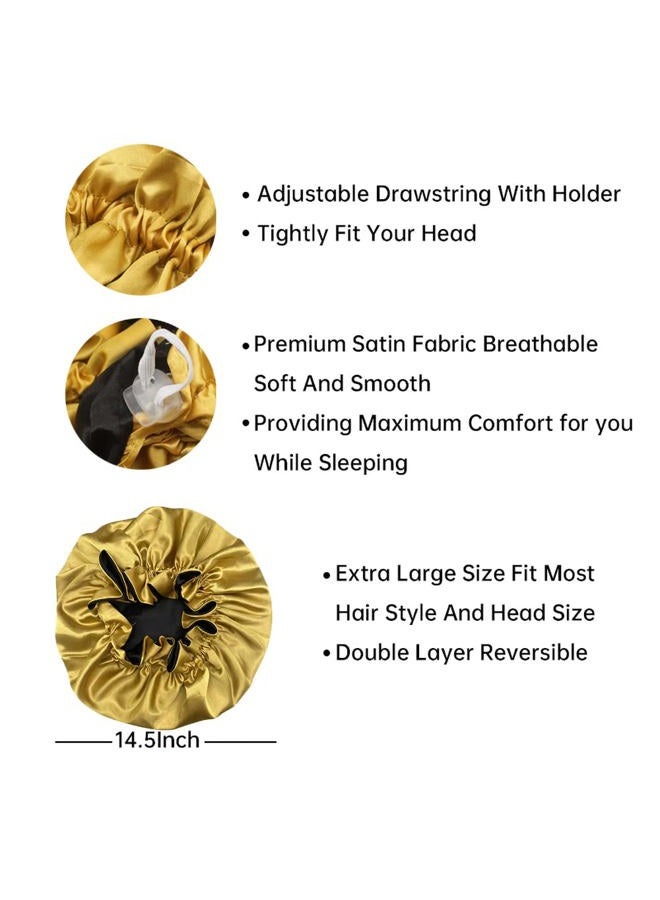 Hanbertti 2pcs of Satin Sleep Bonnet with Adjustable Buckle,Smooth Satin Sleep Cap,Silk Bonnet, Reusable Bath Hair Cap When Make up and Do Housework (Golden Black+ Burgundy peach) - Image 5