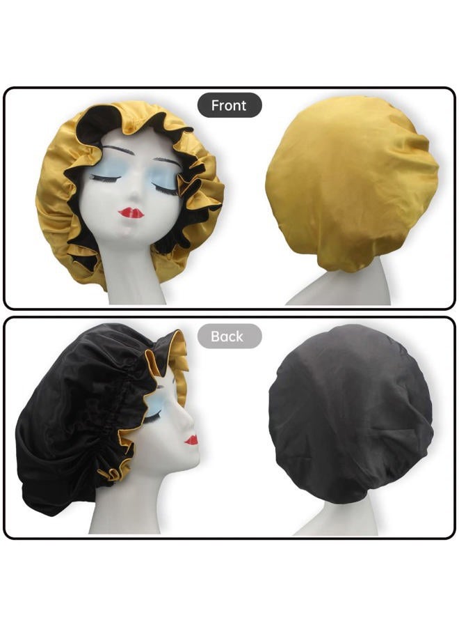 Hanbertti 2pcs of Satin Sleep Bonnet with Adjustable Buckle,Smooth Satin Sleep Cap,Silk Bonnet, Reusable Bath Hair Cap When Make up and Do Housework (Golden Black+ Burgundy peach) - Image 3