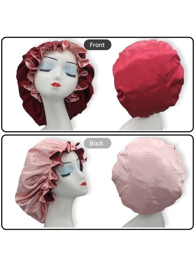 Hanbertti 2pcs of Satin Sleep Bonnet with Adjustable Buckle,Smooth Satin Sleep Cap,Silk Bonnet, Reusable Bath Hair Cap When Make up and Do Housework (Golden Black+ Burgundy peach) - Image 2