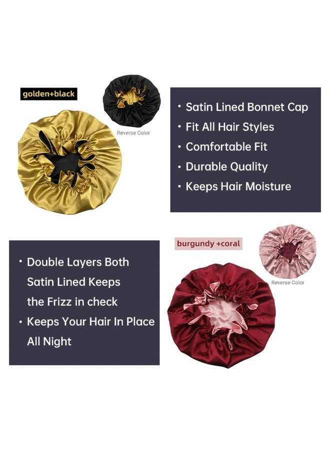 Hanbertti 2pcs of Satin Sleep Bonnet with Adjustable Buckle,Smooth Satin Sleep Cap,Silk Bonnet, Reusable Bath Hair Cap When Make up and Do Housework (Golden Black+ Burgundy peach) - Image 4