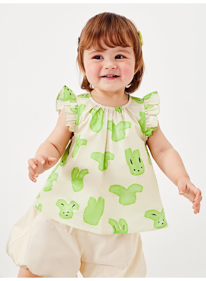 ميني بالا قميص طفل زبائن بتصميم أرنب وسيم بأكمام رفوف، قطعة ناعمة وقابلة للتنفس، طوق دائري مع مفتاح أزرار في الخلف، رائع للارتداء اليومي وللأوقات اللعب والفعاليات غير الرسمية قميص طفل - Image 1