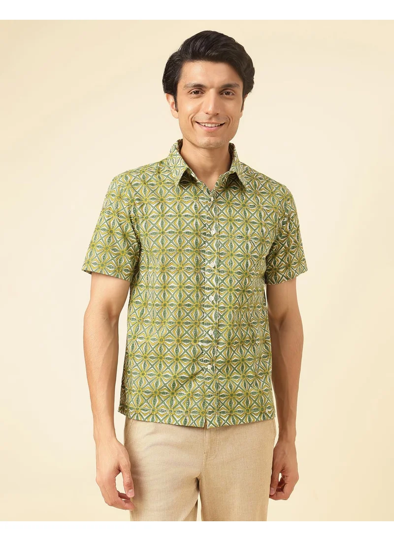 Fabindia Green Cotton Hand Block Printed Shirt
