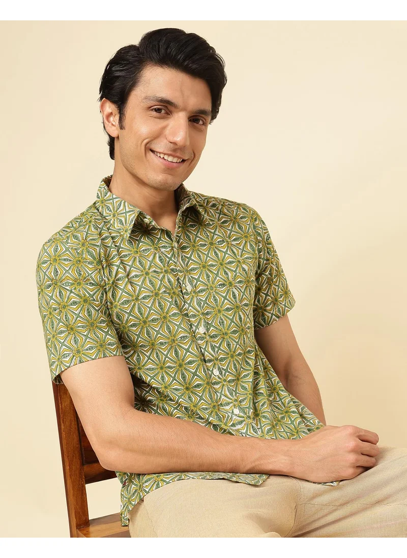 Fabindia Green Cotton Hand Block Printed Shirt