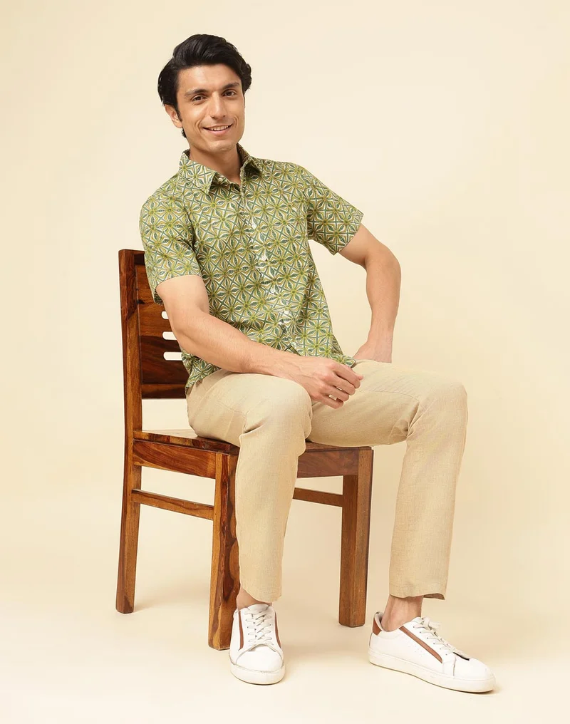 Fabindia Green Cotton Hand Block Printed Shirt