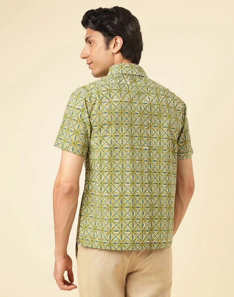 Fabindia Green Cotton Hand Block Printed Shirt