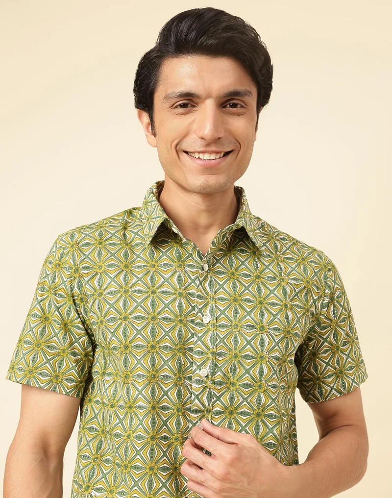 Fabindia Green Cotton Hand Block Printed Shirt