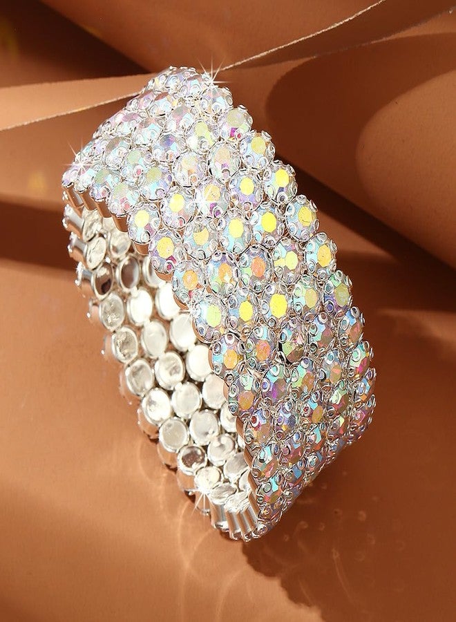 Chargances Multi Row Crystal Bracelet Stretch Aurora Borealis Rhinestone Bling Hand Chain Bangle Bridal Dainty Body Accessories for Women (Style 3) - Image 4