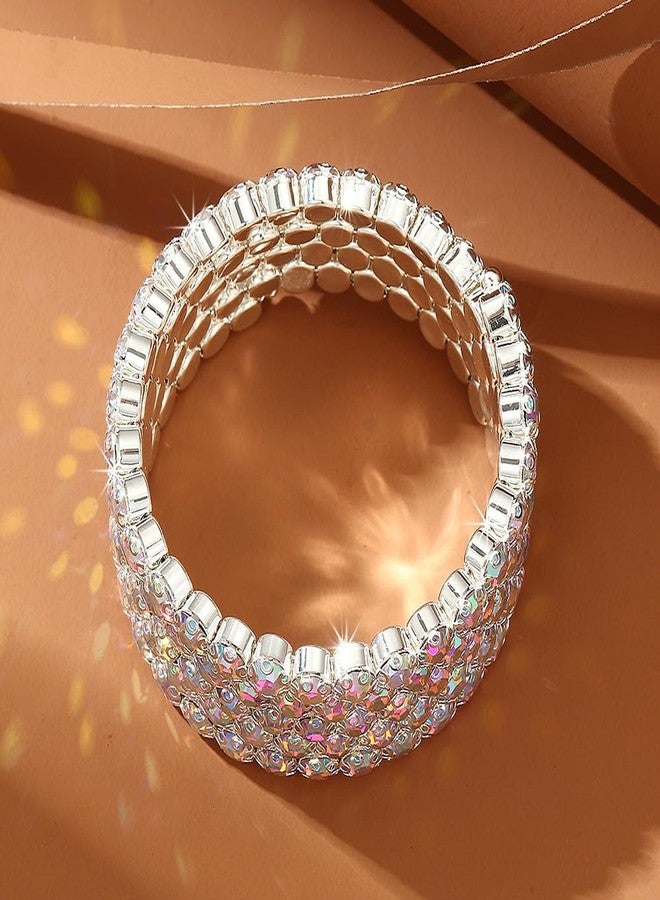 Chargances Multi Row Crystal Bracelet Stretch Aurora Borealis Rhinestone Bling Hand Chain Bangle Bridal Dainty Body Accessories for Women (Style 3) - Image 5