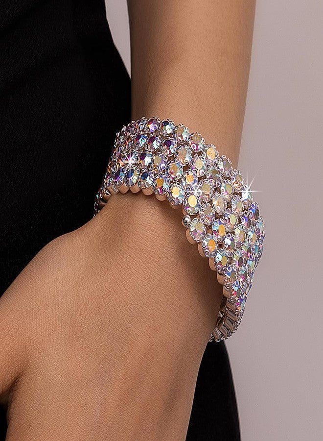 Chargances Multi Row Crystal Bracelet Stretch Aurora Borealis Rhinestone Bling Hand Chain Bangle Bridal Dainty Body Accessories for Women (Style 3) - Image 2