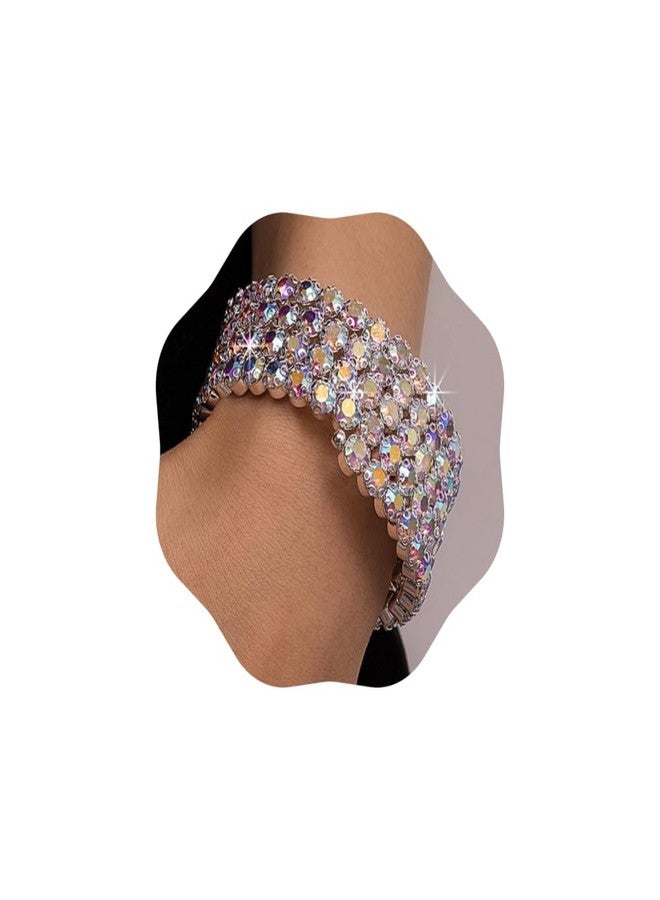 Chargances Multi Row Crystal Bracelet Stretch Aurora Borealis Rhinestone Bling Hand Chain Bangle Bridal Dainty Body Accessories for Women (Style 3) - Image 1