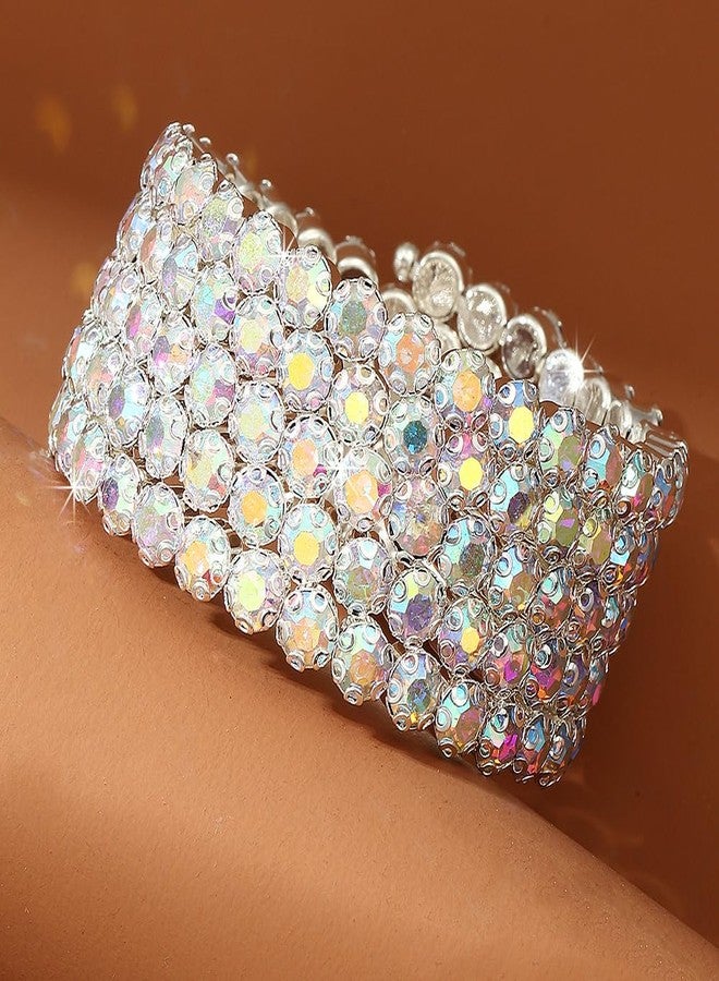 Chargances Multi Row Crystal Bracelet Stretch Aurora Borealis Rhinestone Bling Hand Chain Bangle Bridal Dainty Body Accessories for Women (Style 3) - Image 3