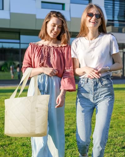 Outplea Lightweight Puffer Tote Bag with Zipper for Women Nurse Quilted Work Handbag with Laptop Compartment Beige - Image 3