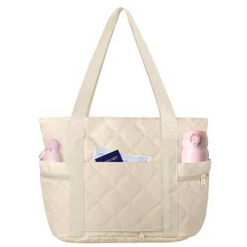 Outplea Lightweight Puffer Tote Bag with Zipper for Women Nurse Quilted Work Handbag with Laptop Compartment Beige - Image 1