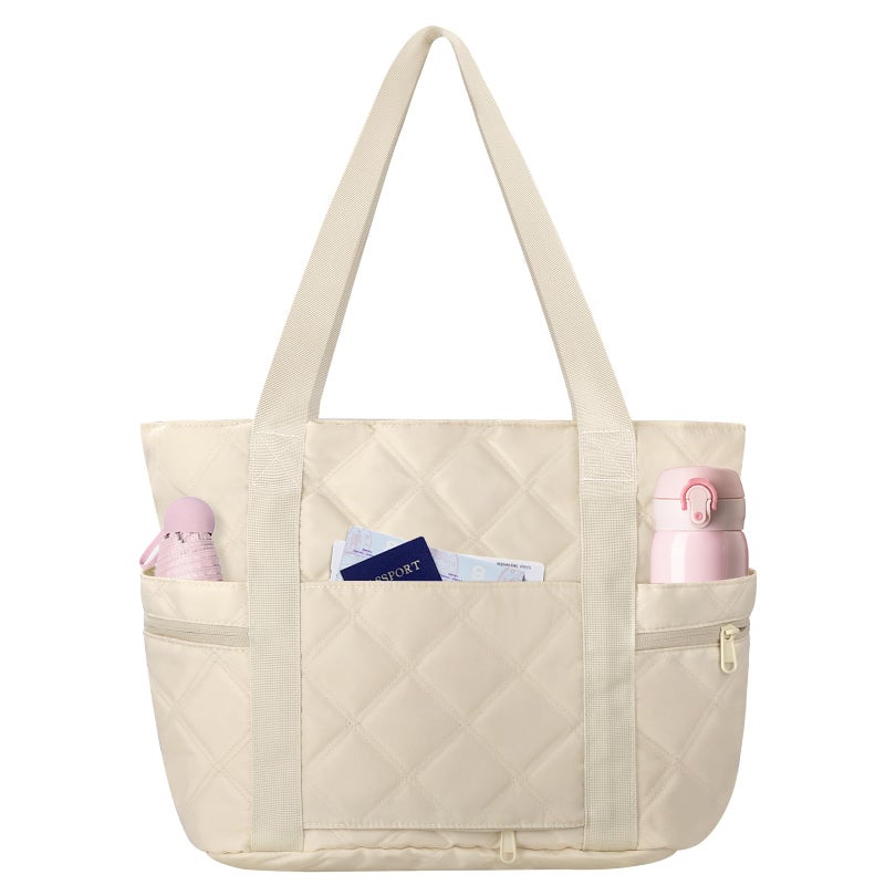 Outplea Lightweight Puffer Tote Bag with Zipper for Women Nurse Quilted Work Handbag with Laptop Compartment Beige - Image 2