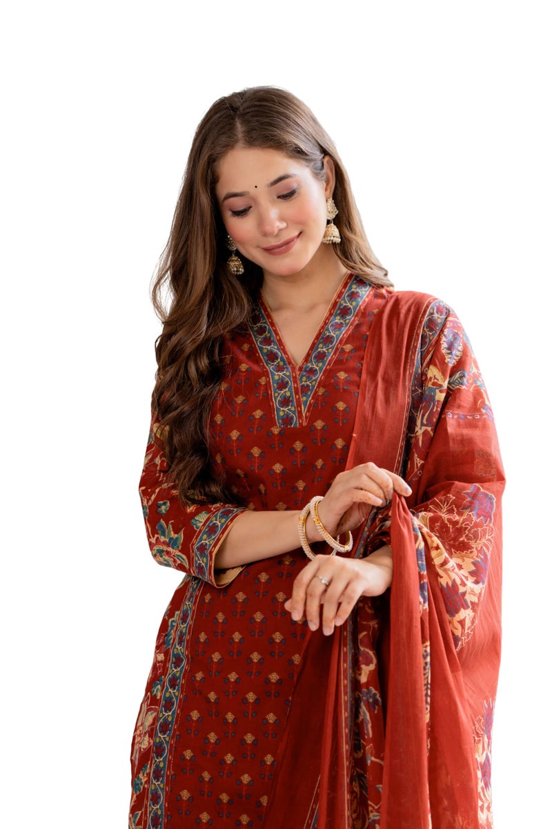 MEERA FAB Women's Cotton Blend Straight Printed Kurta with Palazzo & Dupatta - Image 1