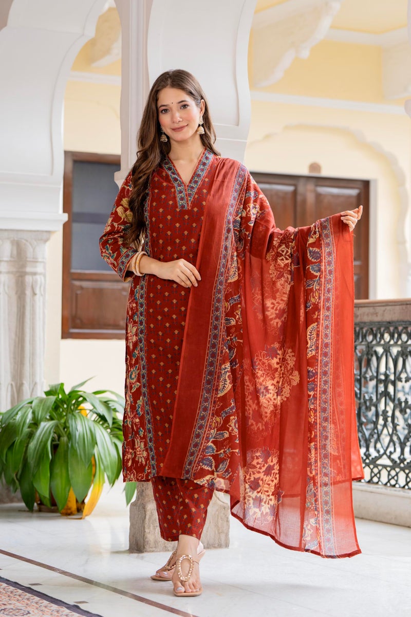 MEERA FAB Women's Cotton Blend Straight Printed Kurta with Palazzo & Dupatta - Image 2
