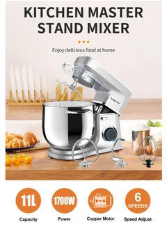 sokany Electric Stand Mixer, 6-Speeds Kitchen Machine 1700W with 11L Stainless Steel Bowl, Y-Stirrer, Egg-Beater, Dough Hook Silver  - Image 2