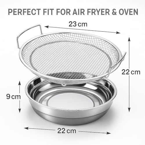 Snevad Stainless Steel Oil Filter Tray Mesh Basket Air Fryer Accessories Fried Food Mesh Draining Rack Kitchen Colander Strainer for Cooking Frying Barbecue Grill Vegetables Snacks and Desserts Round - Image 2