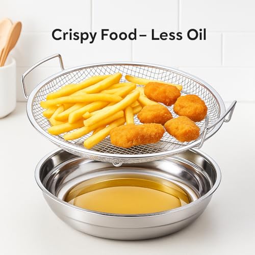 Snevad Stainless Steel Oil Filter Tray Mesh Basket Air Fryer Accessories Fried Food Mesh Draining Rack Kitchen Colander Strainer for Cooking Frying Barbecue Grill Vegetables Snacks and Desserts Round - Image 3